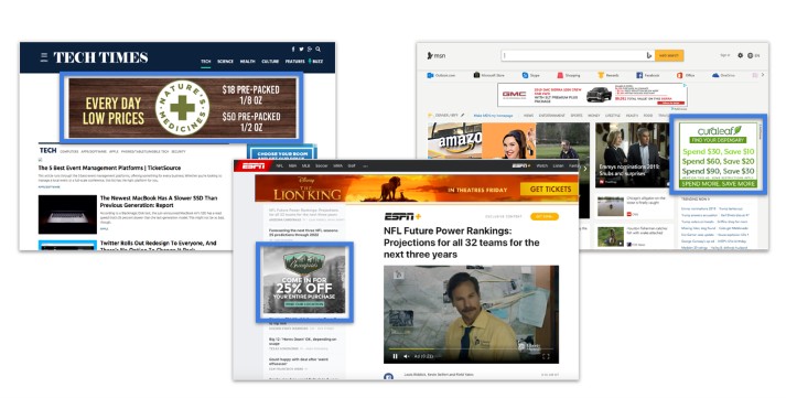 Cannabis ads placed inside general-interest pages on Tech Times, MSN and ESPN